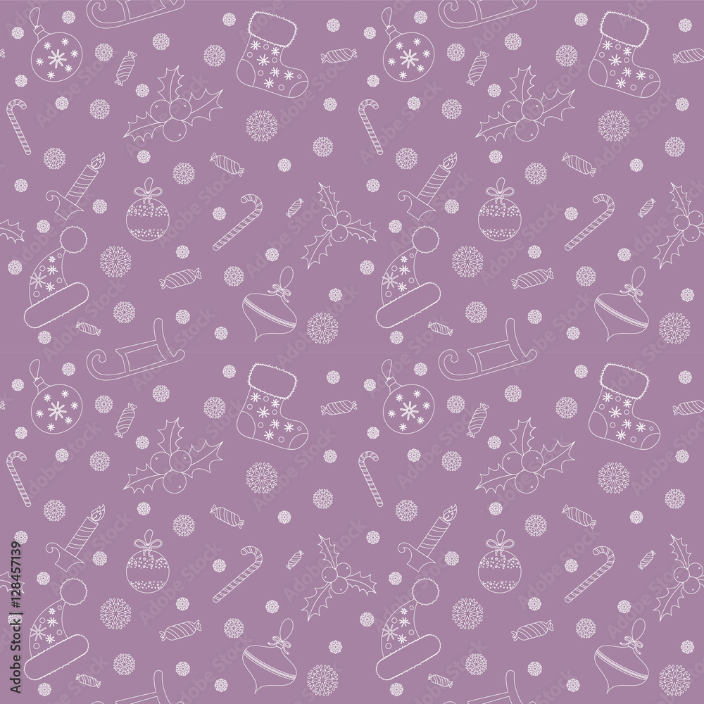 Naklejka premium Christmas seamless pattern with balls, snowflakes, holly berry.