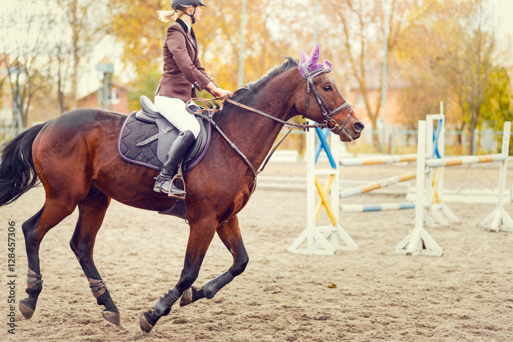 Young girl riding horse on show jumping event Young girl riding horse on show jumping event
