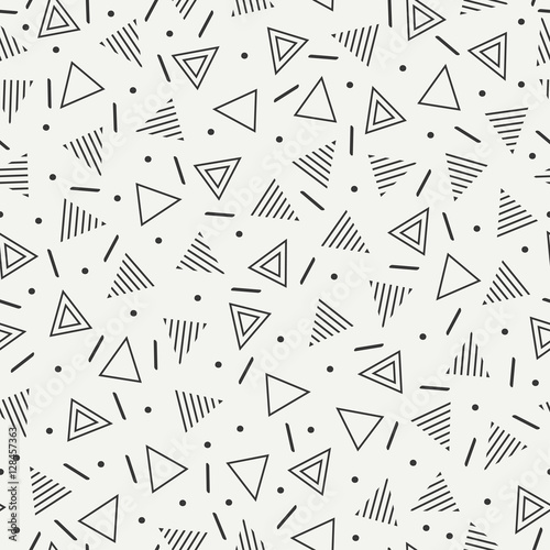 Retro memphis geometric line shapes seamless patterns. Hipster fashion 80-90s. Abstract jumble textures. Black and white. Triangle. Memphis style for printing, website, fabric design, poster, cards