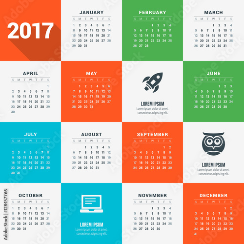 Calendar for 2017 year. Vector design stationery template with education concept icons. Week starts Sunday. Flat style color vector illustration