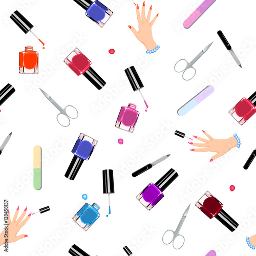 Seamless pattern manicure tools on a white background. Vector illustration. Hand drawing manicure tools. Manicure tools card.