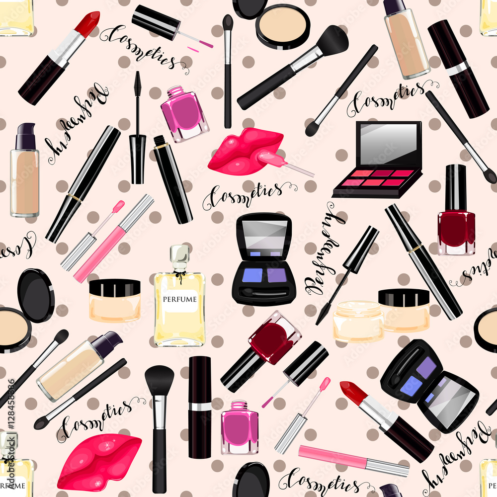 Makeup, perfume, cosmetics seamless pattern. Makeup, perfume, cosmetics seamless pattern.