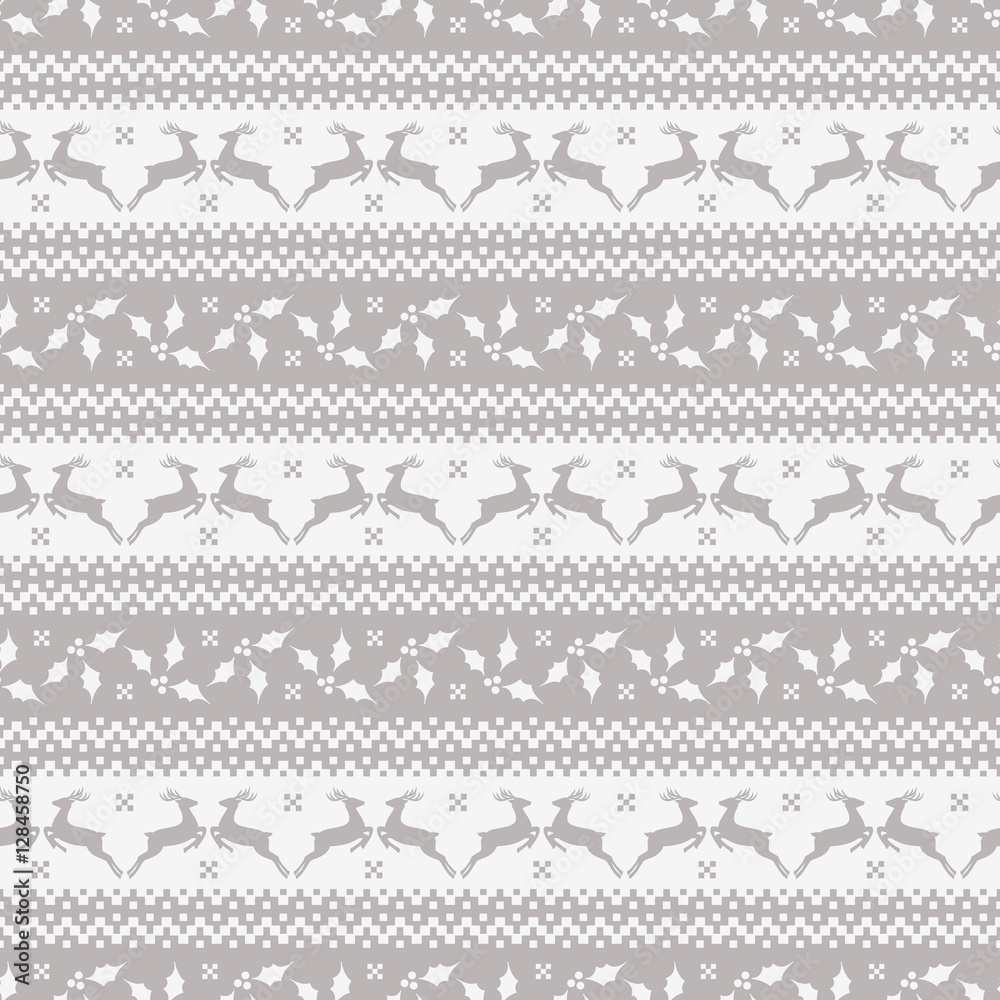 Christmas seamless pattern with deer and holly.