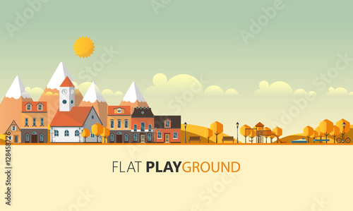 Flat Illustration of town in autumn. Abstract Vector Design.
