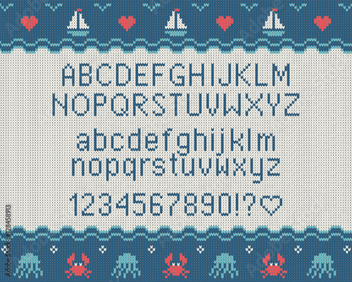 Sea knitted font. Knitted latin alphabet on sea theme patterns background. Woolen knitted texture. Nordic Fair Isle sweater design. Vector Illustration.
