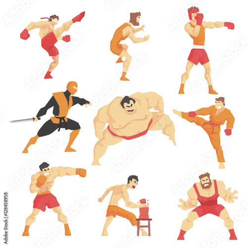 Martial Arts Fighters Demonstrating Different Technique Kicks Set Of Asian Fighting Sports Professional In Traditional Fighting Outfits Sportive Clothing