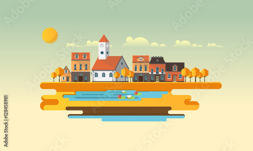 Flat Illustration of town in autumn. Abstract Vector Design.
