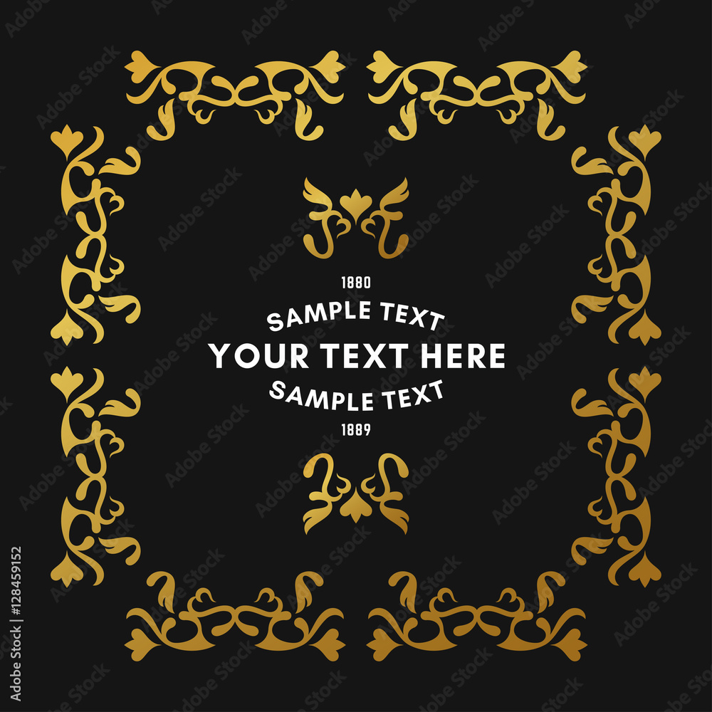Golden luxurious logo frame. Golden on black background. Vector illustration. Decorative elements for business card, invitation, greeting card template