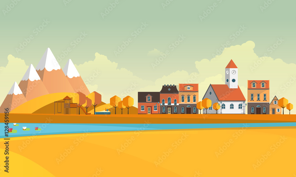 Flat Illustration of town in autumn. Abstract Vector Design.
