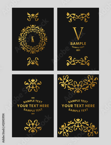 Set of floral logo frame and monogram. Golden on black background. Vector illustration. Decorative elements for business card, invitation, greeting card template