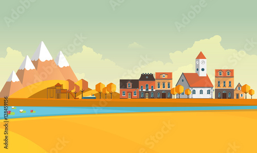Flat Illustration of town in autumn. Abstract Vector Design.  