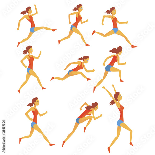 Female Sportswoman Running The Track With Obstacles And Hurdles In Red Top And Blue Short In Racing Competition Set Of Illustrations.