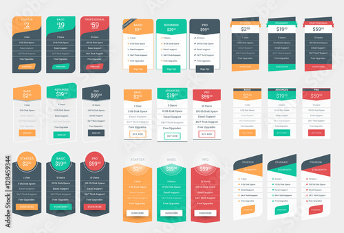 Collection of Coloful Pricing Table Design Templates for Websites and Applications. Vector Pricing Plans with Icon Set. Flat Style Vector Illustration