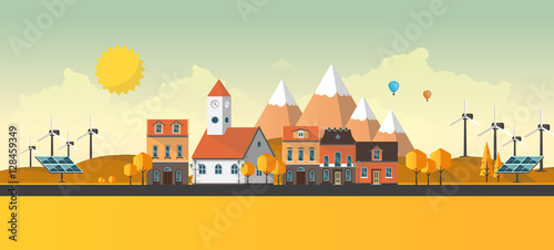 Flat Illustration of town in autumn. Abstract Vector Design.
