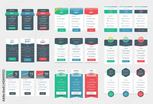 Collection of Coloful Pricing Table Design Templates for Websites and Applications. Vector Pricing Plans with Icon Set. Flat Style Vector Illustration