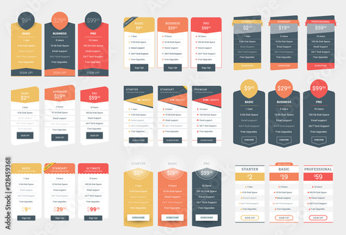 Collection of Coloful Pricing Table Design Templates for Websites and Applications. Vector Pricing Plans with Icon Set. Flat Style Vector Illustration