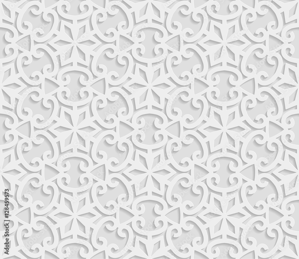 Seamless 3D white background, arabic geometric  pattern,  indian ornament, persian motif, vector texture. Endless texture are suitable for web page  background, as background desktop PC, etc.