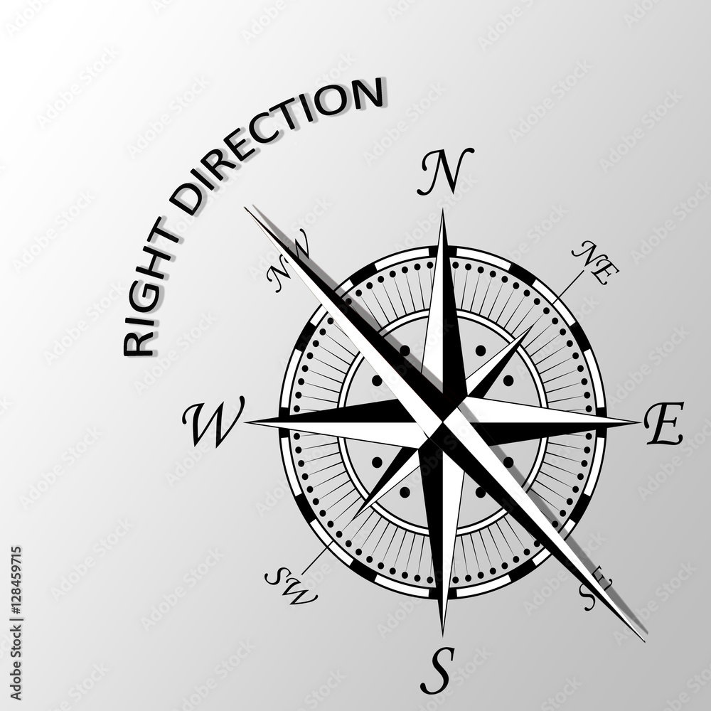 Illustration of Right direction written aside compass