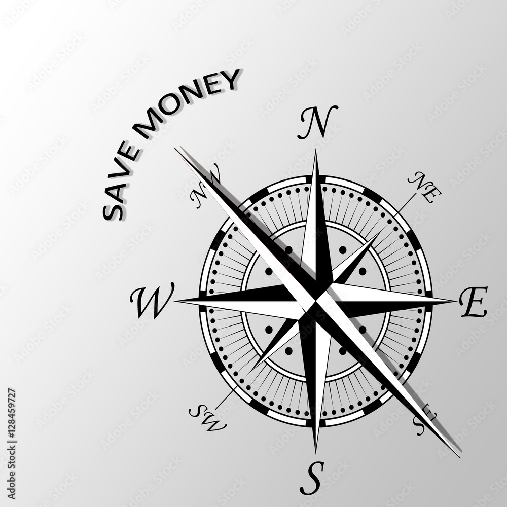 Illustration of save money written aside compass