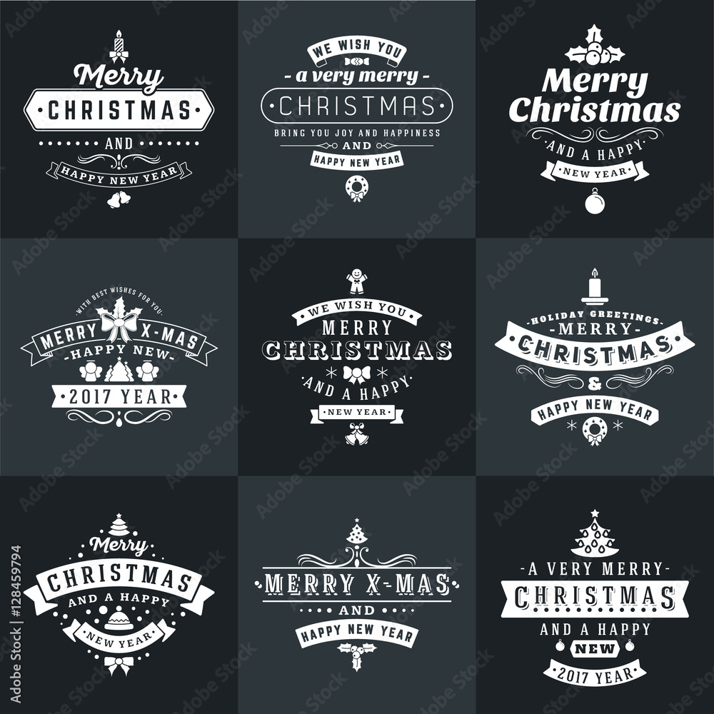 Fototapeta premium Set of Merry Christmas and Happy New Year Decorative Badges for Greetings Cards or Invitations. Vector Illustration in White and Black Colors