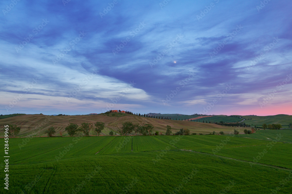 Typical Tuscany landscape springtime at sunset in Italy