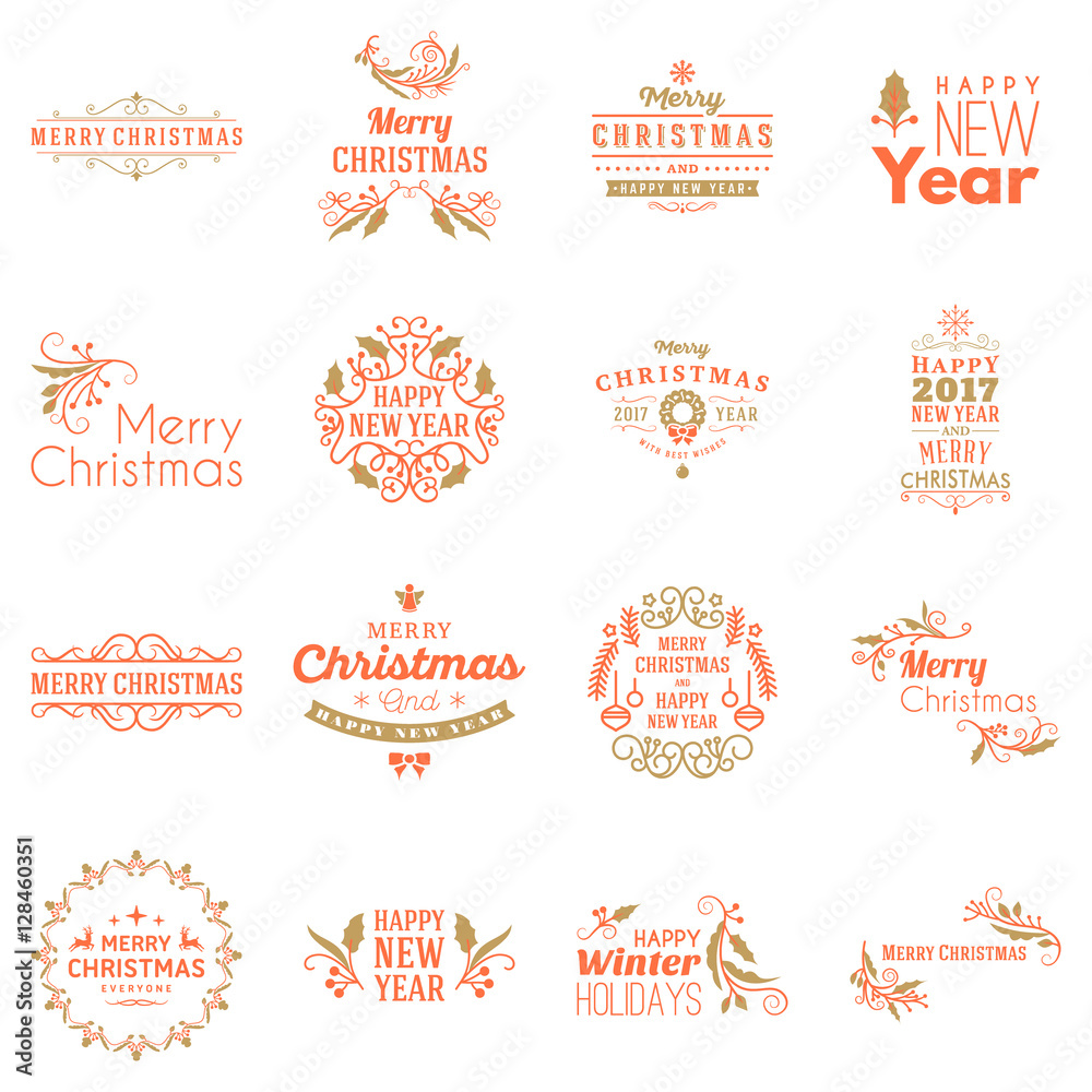 Set of Merry Christmas and Happy New Year Decorative Badges for Greetings Cards or Invitations. Vector Illustration. Typographic Design Elements. Red and Golden Color Theme Set of Merry Christmas and Happy New Year Decorative Badges for Greetings Cards or Invitations. Vector Illustration. Typographic Design Elements. Red and Golden Color Theme