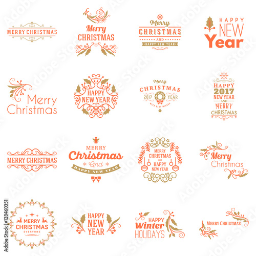 Set of Merry Christmas and Happy New Year Decorative Badges for Greetings Cards or Invitations. Vector Illustration. Typographic Design Elements. Red and Golden Color Theme © antartstock