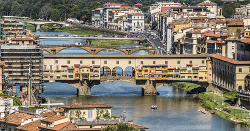 Florence, Italy- August 12, 2016: Cityscape of the city of Florence with the Ponte Vecchio overlooking the Arno River in Florence, Italy