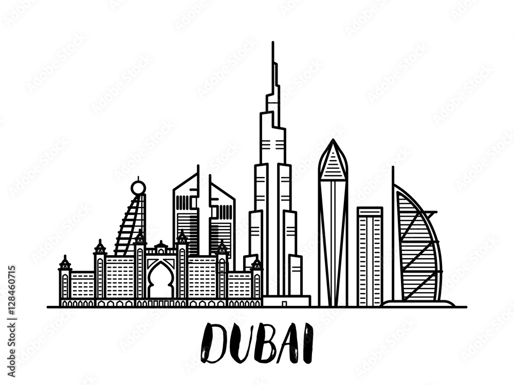 Dubai landscape line art illustration with modern lettering rectangular composition