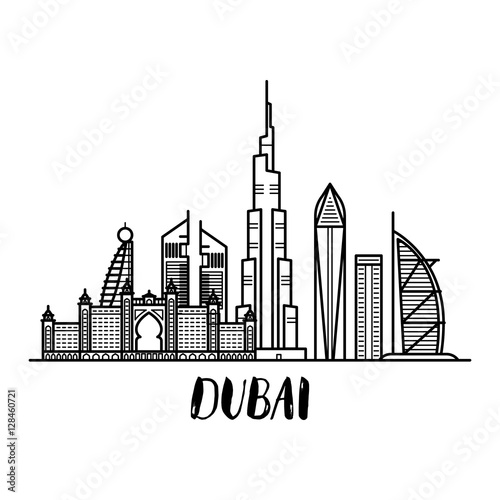 Dubai landscape line art illustration with modern lettering square composition