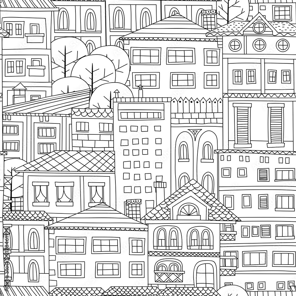 Doodle town seamless pattern