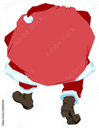 Santa Claus carries big bag with gifts. Back view