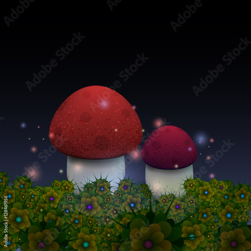 Magic mushrooms with fireflies in the night fairy forest. Vector illustration.