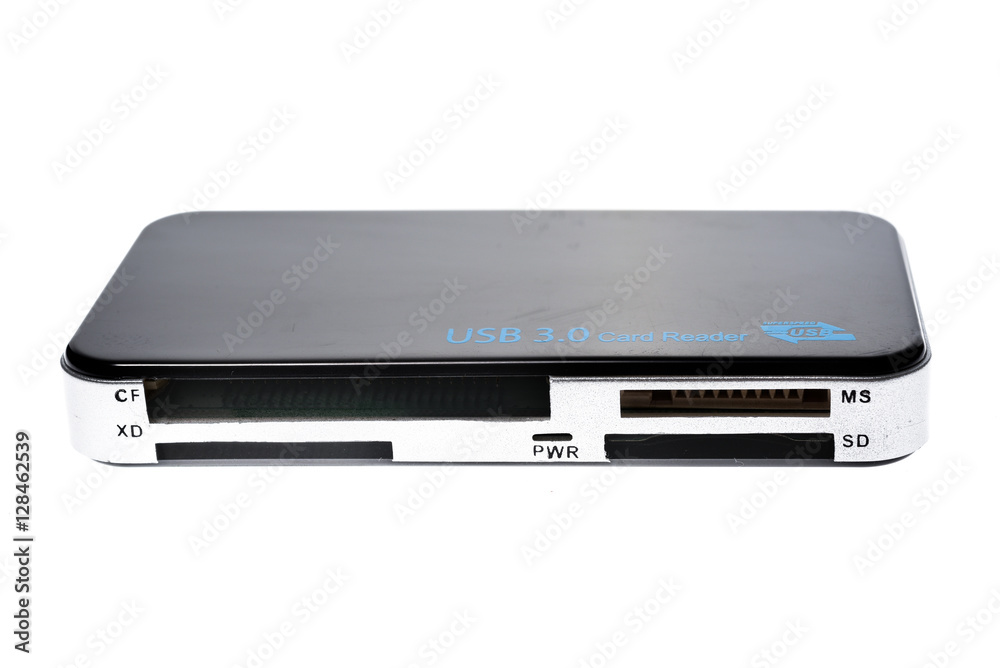 Close Up of external generic USB 3.0 Card Reader isolated.