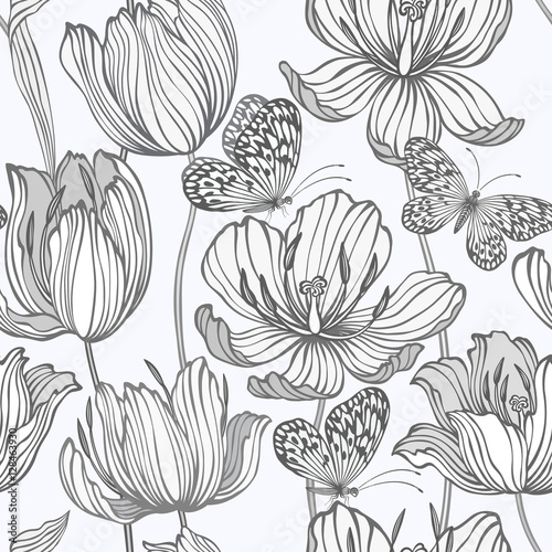 Fototapeta Naklejka Na Ścianę i Meble -  seamless monochrome pattern with tulips and butterflies