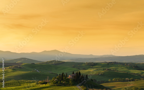 Farmhouse, green hills,cypress trees in Tuscany at sunrise in Italy