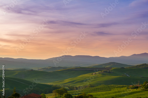 Typical Tuscany landscape springtime at sunrise in Italy