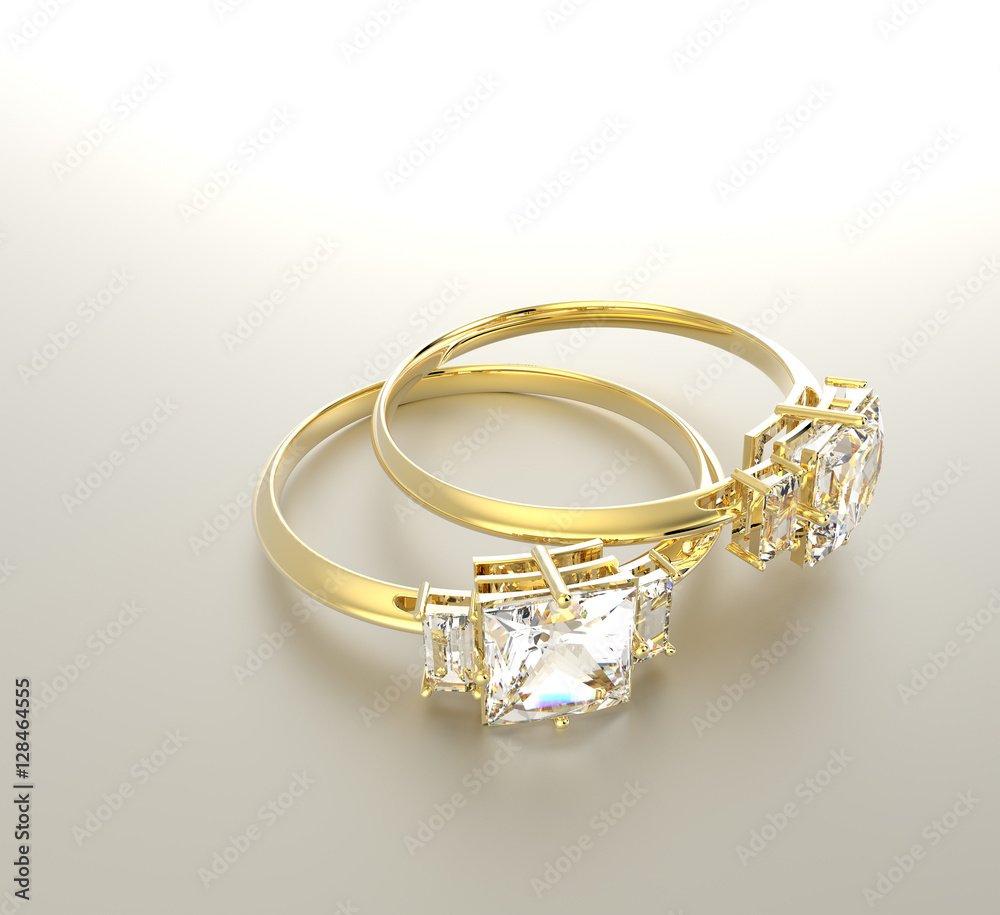 Golden wedding rings with diamonds.. 3D rendering Golden wedding rings with diamonds.. 3D rendering
