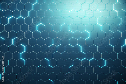 Abstract blue of futuristic surface hexagon pattern with light rays. 3D Rendering