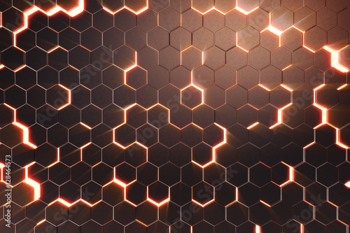 Fototapeta Naklejka Na Ścianę i Meble -  Abstract red of futuristic surface hexagon pattern with light rays. 3D Rendering
