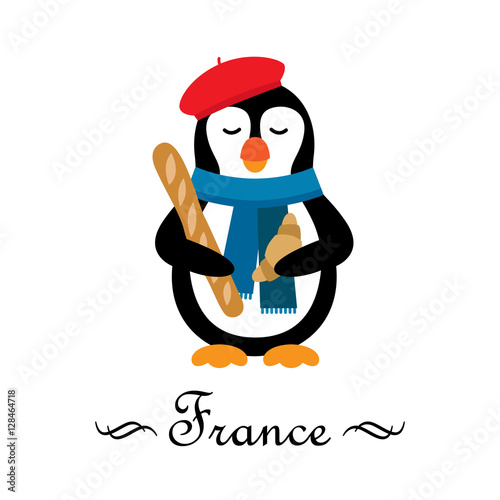 French penguin illusration. Penguin with croissant and baguette