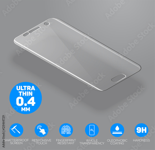 Screen protect Glass. Vector screen protector film or glass cover isolated on grey background. Mobile accessory. Vector illustration