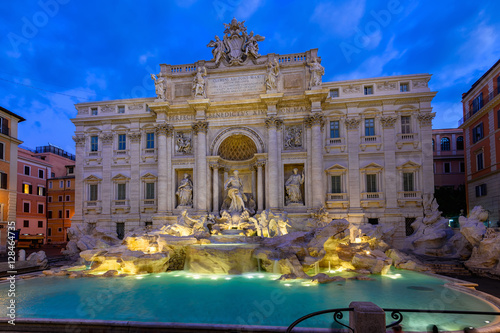 Night view of Rome Trevi Fountain (Fontana di Trevi) in Rome, Italy. Trevi is most famous fountain of Rome. Architecture and landmark of Rome