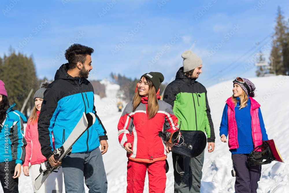 People Group With Snowboard And Ski Resort Snow Winter Mountain Friends Communication Extreme Sport Vacation