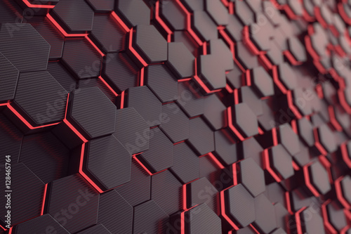 Fototapeta Naklejka Na Ścianę i Meble -  Red glowing hexagon futuristic background. 3d rendering
