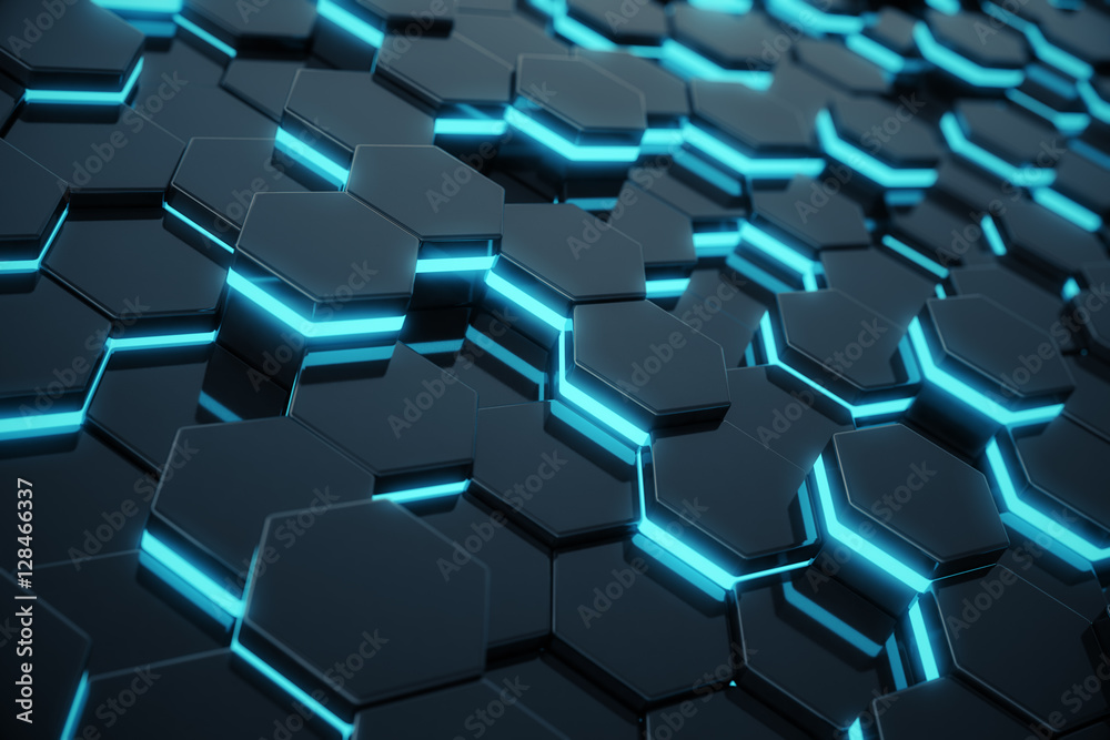 Abstract blue glowing of futuristic surface hexagon pattern. 3D ...