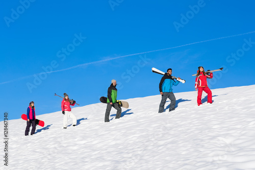 People Group With Snowboard And Ski Resort Snow Winter Mountain Cheerful Friends Extreme Sport Vacation