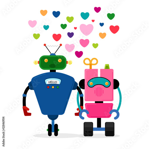 Robot love story vector illustration. Two robots holding hand on white background