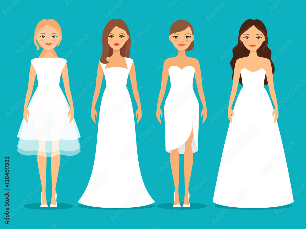 Women in wedding dresses on blue background. Beautiful white dresses collection vector illustration Women in wedding dresses on blue background. Beautiful white dresses collection vector illustration