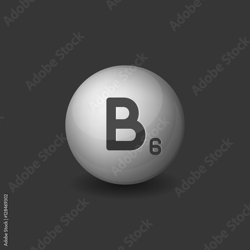 Vitamin B6 Silver Glossy Sphere Icon on Dark Background. Vector